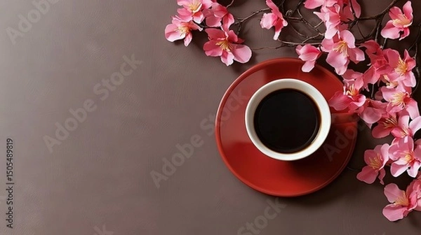 Fototapeta   A red saucer holds a cup of coffee beside a pink-flowered branch