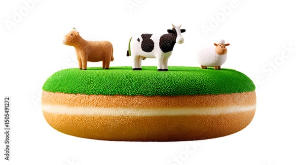 Fototapeta A cute cartoon farm animal set features a happy dog and cat playing in a meadow with other funny mammals like pigs, sheep, and horses