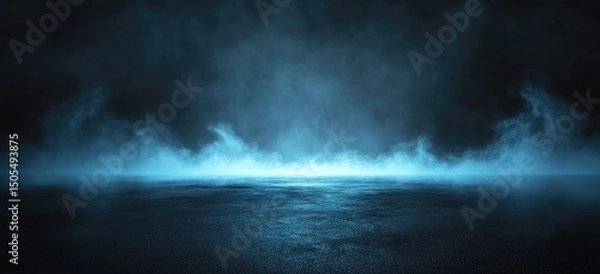 Fototapeta Dark, smoky scene with a bright blue horizon line across a textured ground