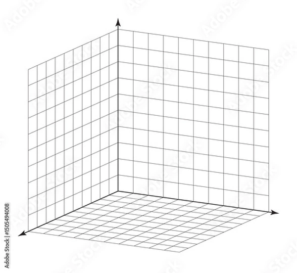 Fototapeta Cartesian x y z coordinate system in isometric projection 3d view on white. Orthogonal coordinate plane with three axes on square grid. Math bw template. Vector illustration
