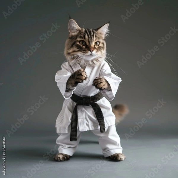 Fototapeta A fluffy cat dressed in a karate uniform with a black belt stands in a power stance on a gray background.