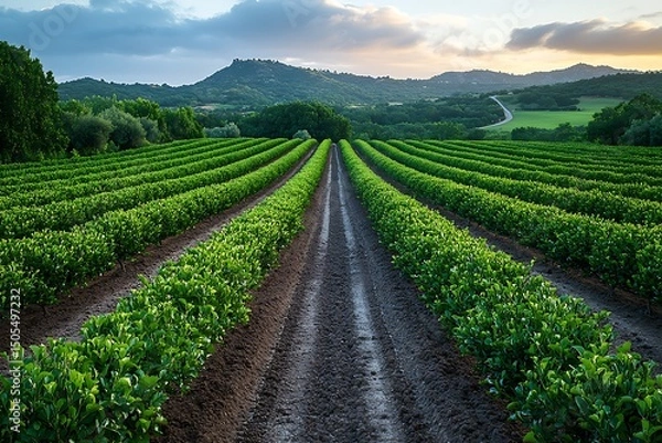 Fototapeta Farm rows stretching toward scenic mountains high resolution picture