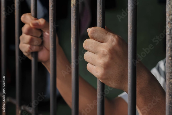 Obraz Hands of a prisoner behind prison bars on black background