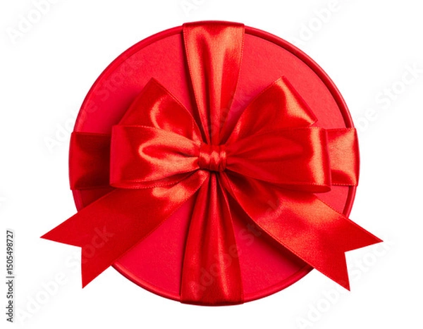 Obraz  “Top View of a Red Ribbon Bow Tied on a Round Gift Box, PNG Overlay”.