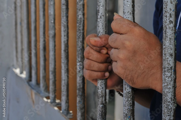 Obraz Hands of a prisoner behind prison bars on black background
