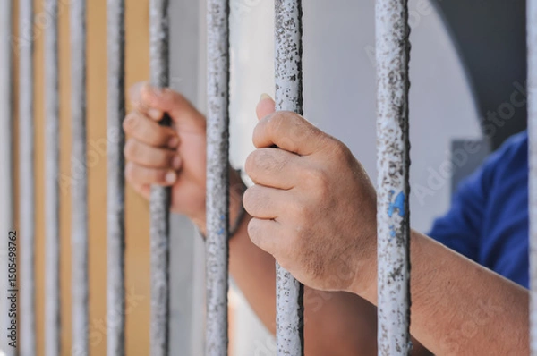 Obraz Hands of a prisoner behind prison bars on black background