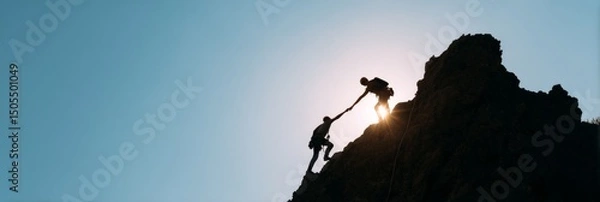 Obraz Two people are climbing a mountain together
