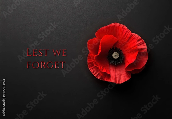 Fototapeta Red poppy flower on dark background. Lest we forget. Remembrance, or Armistice, or Anzac Day background.	