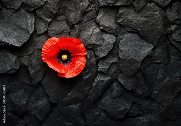 Fototapeta Red poppy flower on coal black stone background. Remembrance, or Armistice, or Anzac Day background.	