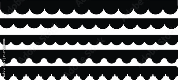 Obraz Scalloped edge seamless set. borders and dividers. Simple scalloped border. Repeat cute vintage frill ornament. Texture ribbons. Vector illustration isolated on white background.black