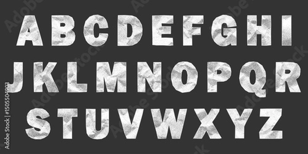 Fototapeta English alphabet with crumpled paper texture. Collage font with a stipple gritty effect, school style. Ransom note letter, halftone grunge aged surface.