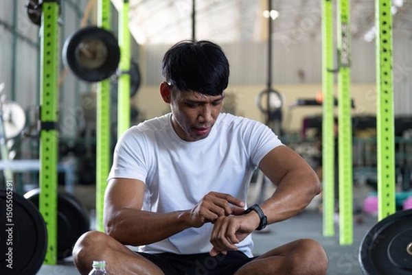 Fototapeta Fitness Tracking and Training. Man checking smartwatch during workout in gym.