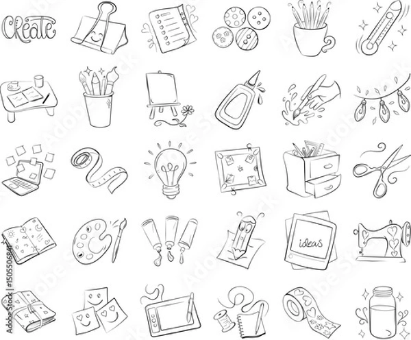 Fototapeta Hand-drawn doodles of creative tools and workspace elements