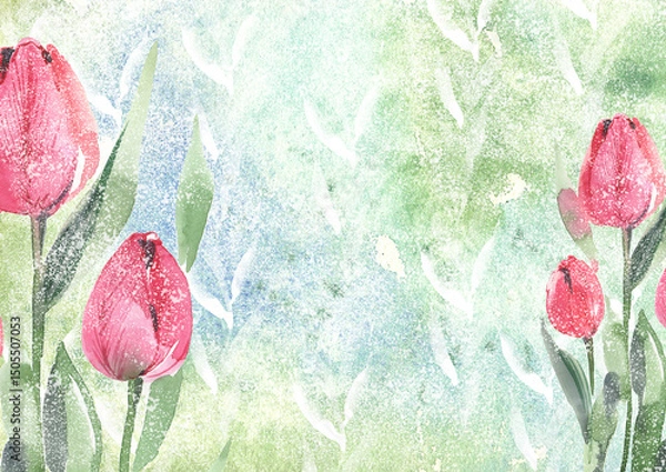 Fototapeta Spring background with red tulips for congratulations. Botanical watercolor illustration with a green abstract background and tulips.