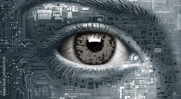 Fototapeta Closeup of a human eye and skin made of electronic components. Concept of futuristic digital technology, AI artificial intelligence, metaverse, people living in digital era. 