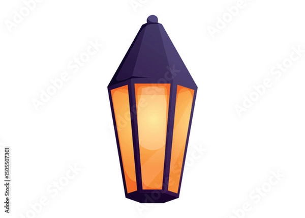 Obraz Vintage glowing lantern with warm orange light and dark top. Vector isolated cartoon illustration for fairytale, festive, or fantasy design, game assets, and decorative elements.