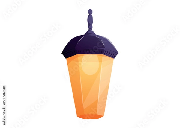 Obraz Vintage glowing lantern with warm orange light and dark top. Vector isolated cartoon illustration for fairytale, festive, or fantasy design, game assets, and decorative elements.