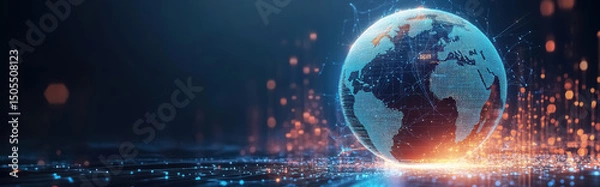 Fototapeta Glowing neon globe planet Earth against blue bokeh background. Concept of digital logistics and business, metaverse, crypto technologies, science. 