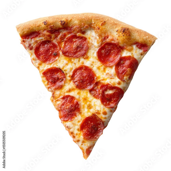 Obraz A slice of pepperoni pizza is shown on a white background