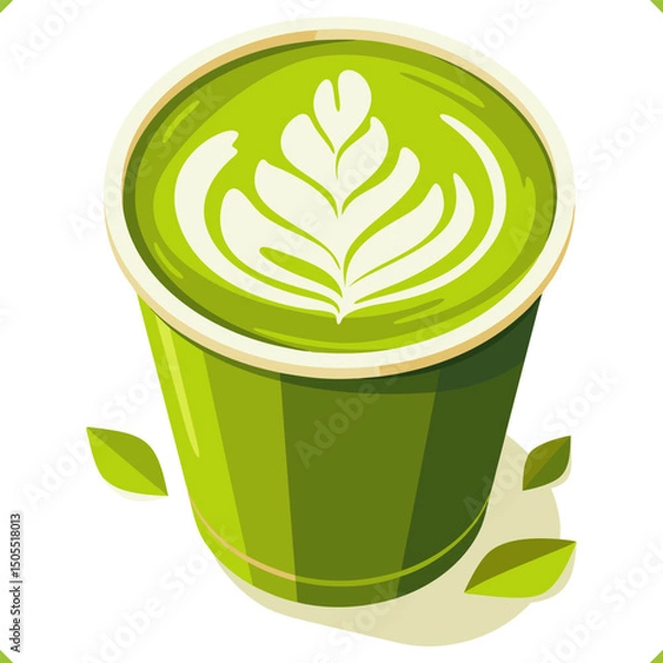 Fototapeta Vector illustration of green matcha latte with heart latte art, viewed from top, on white background. 
Flat vector Illustration on white background