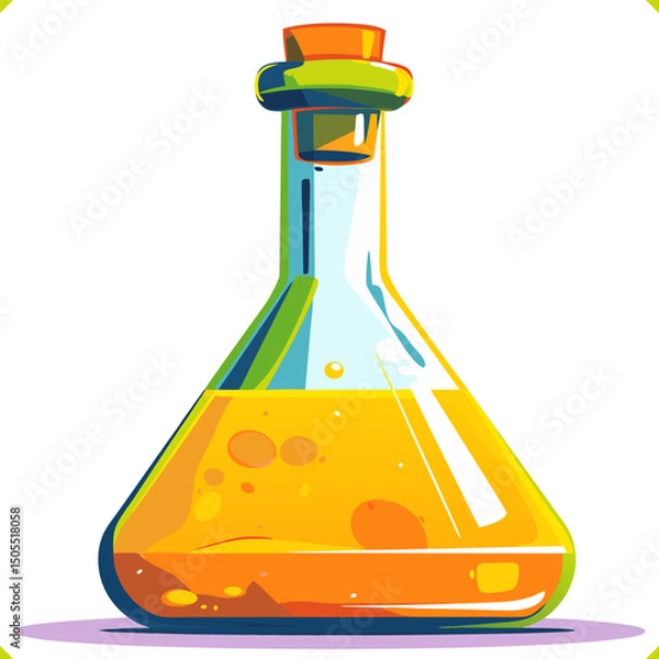 Fototapeta Laboratory flask with orange liquid on white background, hand-drawn vector illustration for science and education themes. 
Flat Vector Illustration on white background