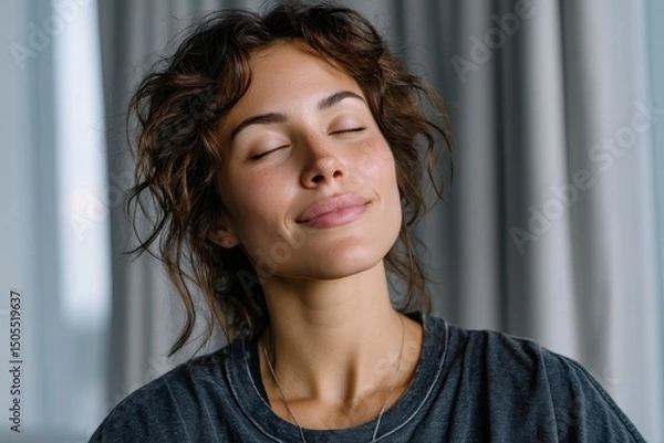 Fototapeta A young woman with a serene expression embraces a meditative moment indoors, depicting relaxation and self-reflection amidst soft light and cozy surroundings.