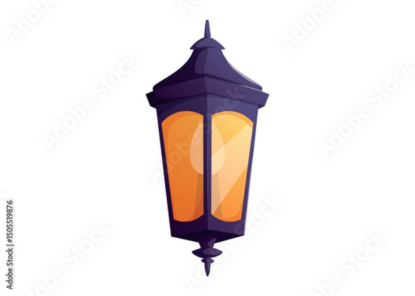 Obraz Vintage glowing lantern with warm orange light and dark top. Vector isolated cartoon illustration for fairytale, festive, or fantasy design, game assets, and decorative elements.