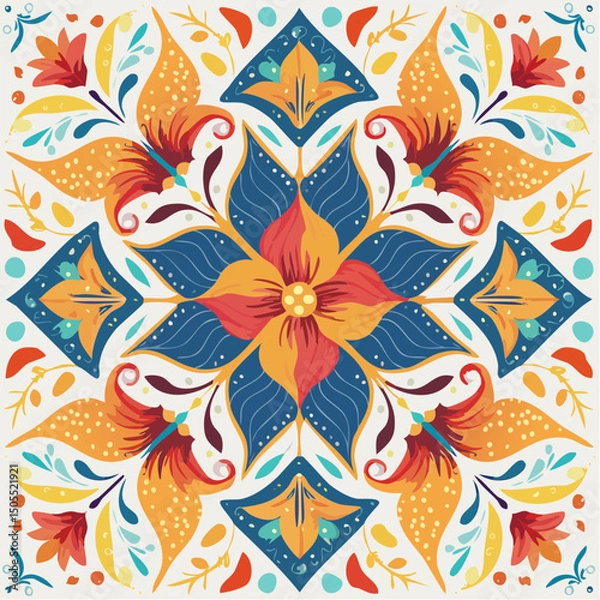 Obraz Vibrant Floral Tile Pattern Square Batik-Inspired Design