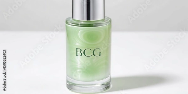 Fototapeta Bio, Circular and Green Economy BCG concept Glass bottle of green liquid with BCG label on a minimalist background.