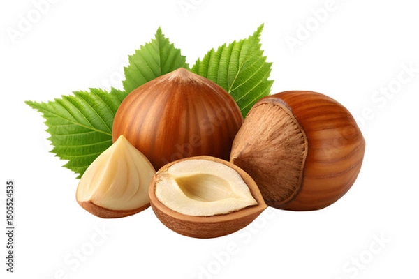 Fototapeta Hazelnuts with Green Leaves Close Up on Transparent Background
