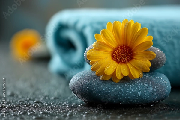 Fototapeta A spa scene featuring a vibrant yellow flower resting on smooth, wet stones, with a rolled-up towel in the soft background.