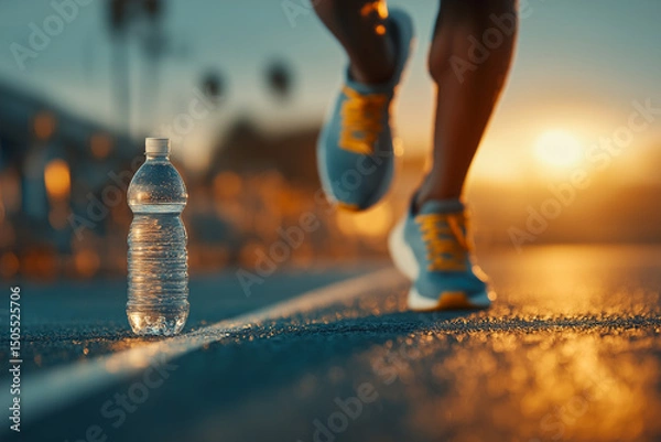 Fototapeta A water bottle sits on the pavement as a runner's legs and feet pass by in the background, bathed in the golden light of the setting sun.