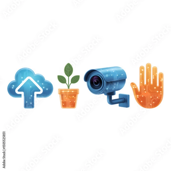 Obraz Digital Icons Blue Cloud Upload, Plant in Pot, Blue Camera and Orange Hand on Transparent