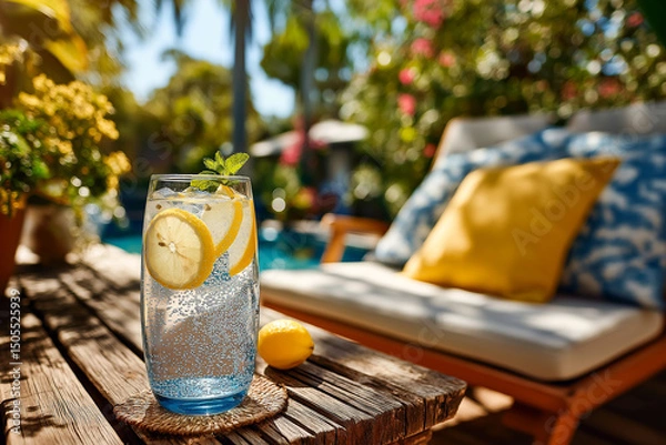Fototapeta Refreshing summer drink: Sparkling water with lemon and mint on a wooden table, poolside with a sunny tropical feel.