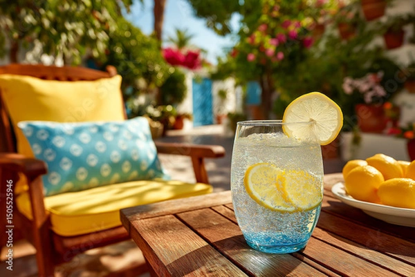 Fototapeta Refreshing lemon water drink on a table in a sun-drenched garden setting, perfect for a relaxing summer afternoon.