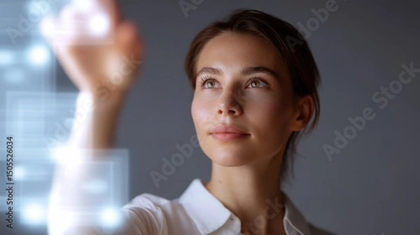 Fototapeta Young woman interacts with digital interface, focusing on futuristic technology and innovation