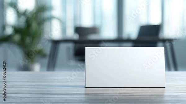 Fototapeta Blank employee nameplate on modern desk in office setting with large windows and natural light