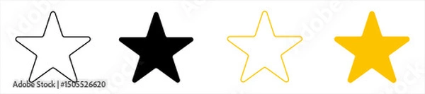 Fototapeta Set of four five-pointed stars in black and yellow colors, including outlined and filled versions. Flat vector icons isolated on white background. Rating and ranking concept. 