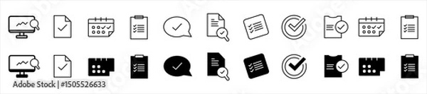 Obraz Set of task and productivity icons including documents, checklists, calendars, and charts in outlined and filled styles. Flat vector icons in black and white isolated on white background. 