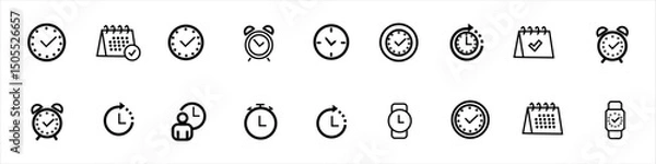 Obraz Set of time management icons including clocks, alarm clocks, calendars, wristwatches, timers, and check marks. Flat black and white vector symbols isolated on white background. 