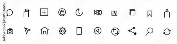 Obraz Set of 24 minimal interface icons including chat bubble, user profile, camera, bookmark, gear, search, and navigation symbols. Black outline icons on white background. 