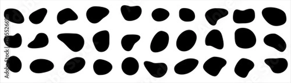 Obraz Seamless pattern of irregular black organic spots on white background. Abstract cow print style for textile, wallpaper, poster, and graphic design. Vector template element.