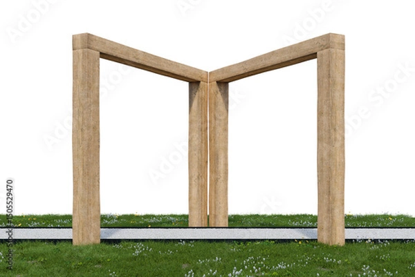 Fototapeta Gravel walking path and wooden frame entrance. 3d rendering of nature garden with empty background.