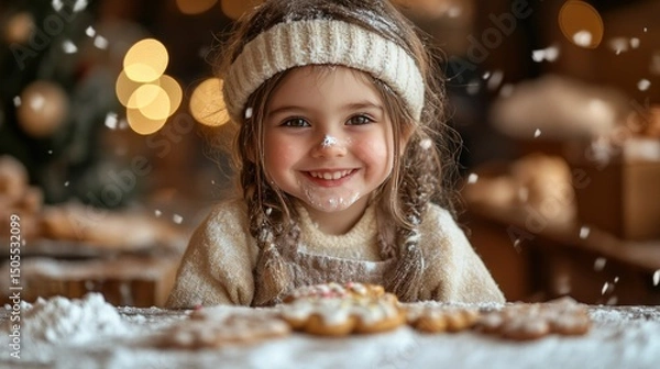 Obraz Child making christmas cookies happy