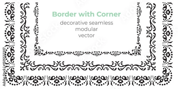Fototapeta Set of decorative seamless ornamental border with corner - Modular Vector