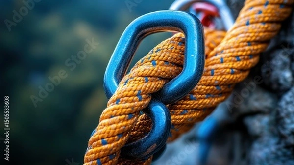 Obraz Climbing rope and carabiners closeup
