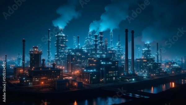 Fototapeta an industrial complex illuminated at night, with glowing lights against a dark sky and rising smoke