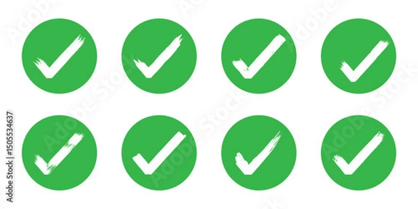 Fototapeta Set green approval check mark icons in circle. Brush stroke approved symbols in green color, checkmark sign vector illustration.  transparent Green check mark, green circle white tick symbols.
