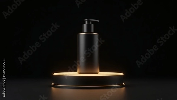 Fototapeta a sleek black bottle stands on a softly lit round pedestal against a black backdrop. The scene suggests luxury and sophistication