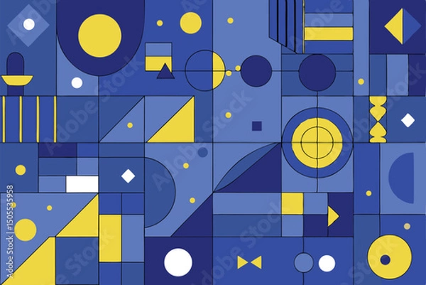 Fototapeta Abstract geometric composition of shapes in blue and yellow colors for designs